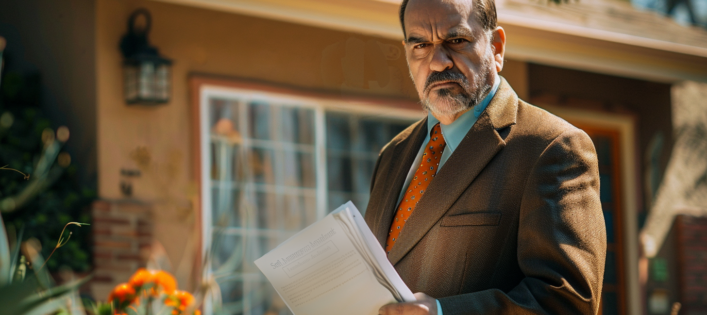 Landlord holding rental insurance paperwork outside a home