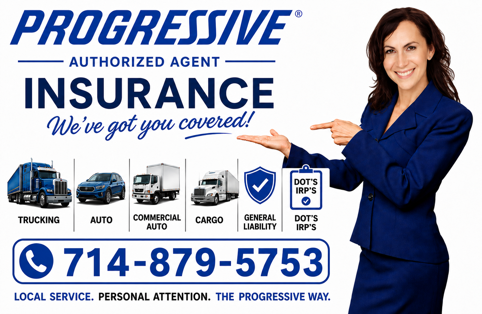 Clamaci Insurance Progressive Authorized Agent flyer for trucking, auto, commercial auto, cargo, general liability, DOT and IRP services